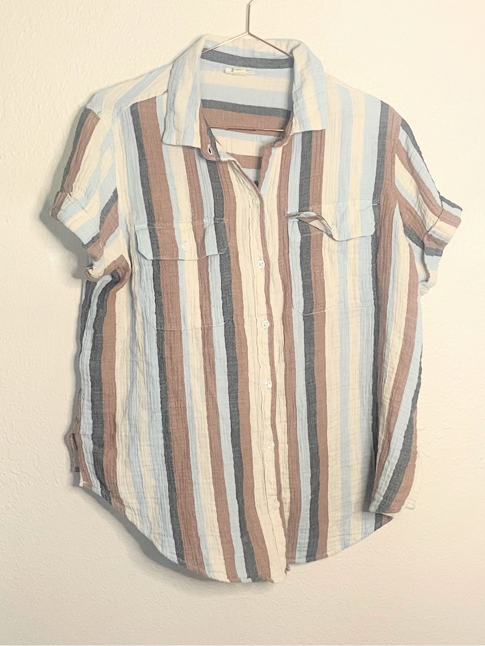 a.n.a. Cotton Gauze Striped Button Down Shirt M